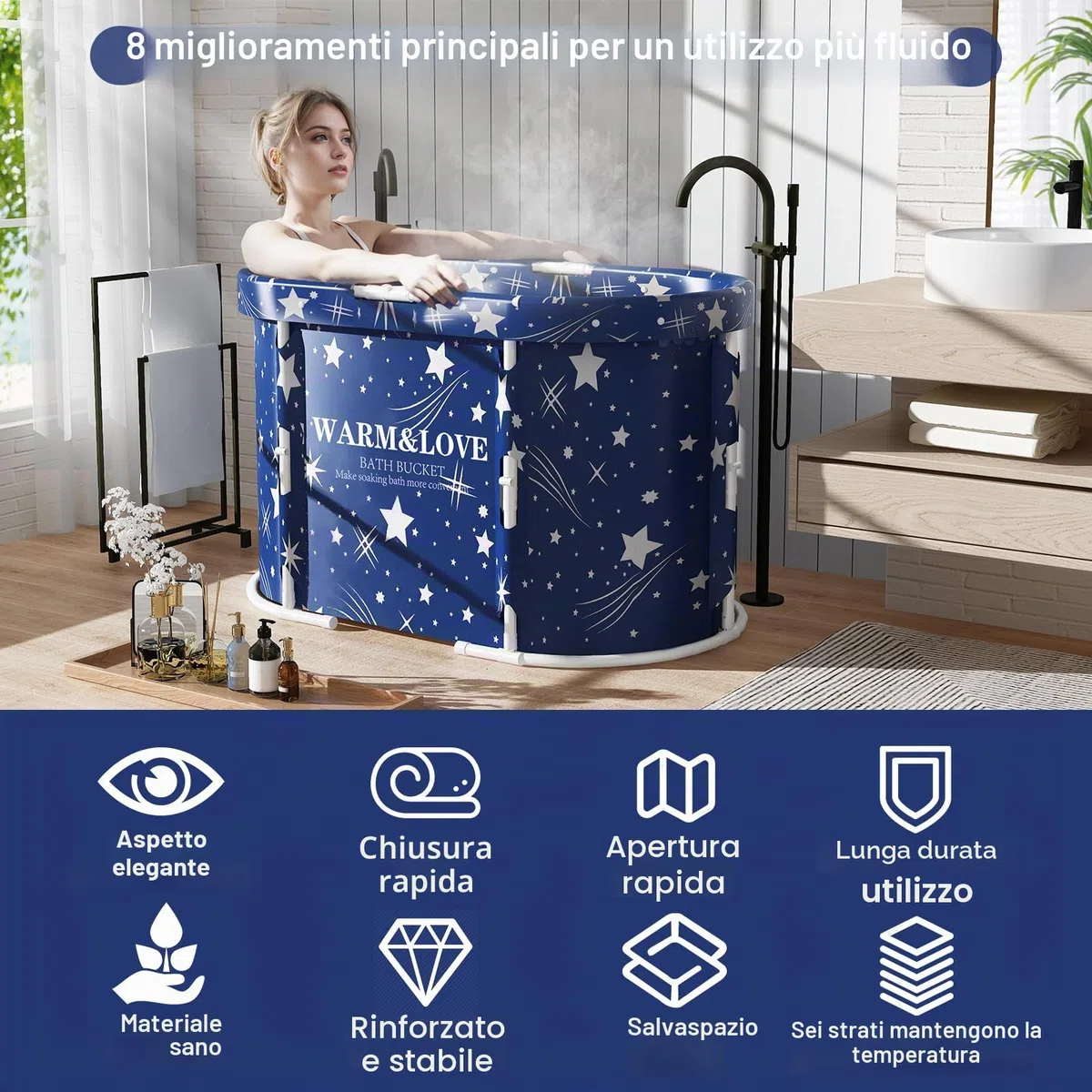 Vasca da bagno pieghevole portatile per adulti, vasca da bagno per la doccia,Nessun assemblaggio necessario (blu, ovale-94L x 55W x 56H cm)