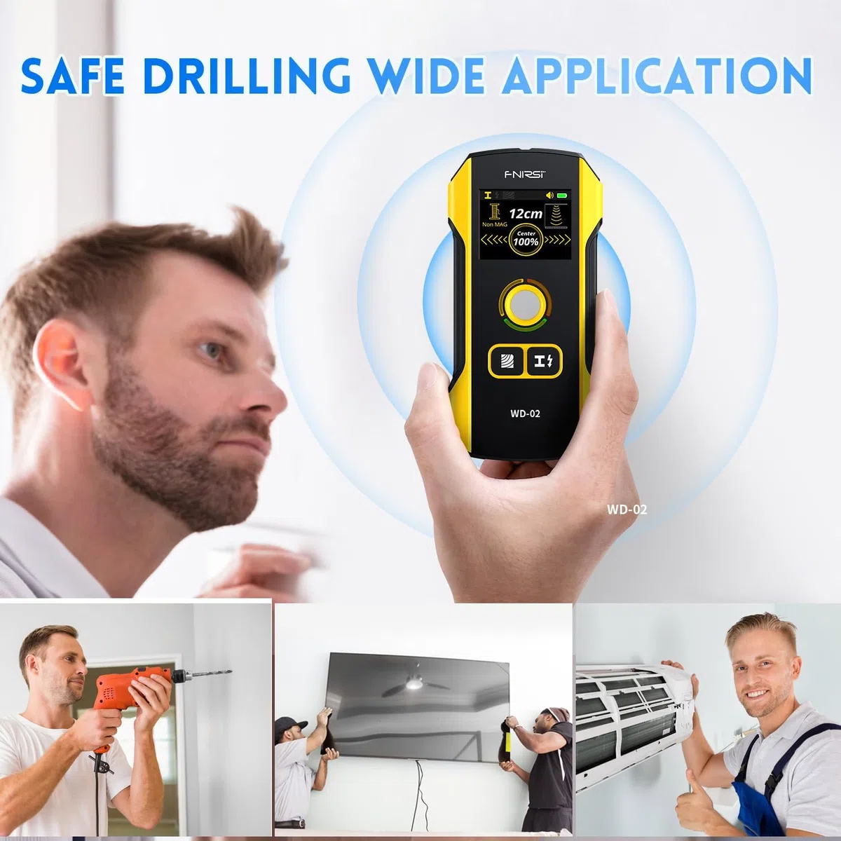 FNIRSI WD-02 Rilevatore di Montanti da Parete - Sensore Elettronico con Display TFT, Scanner da Parete con Foro di Posizionamento Centro e Bordo in Ca, Legno, Montanti Metallici, Travetti, Tubi
