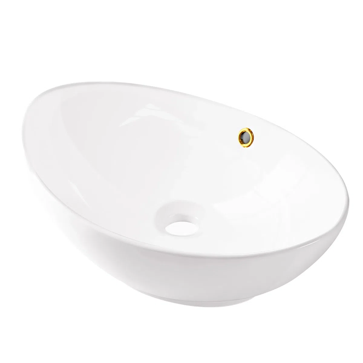AQUAUNO Lavabo da appoggio MAYA, 59 x 39 cm, ovale, in ceramica bianca, senza foro per rubinetto, con troppopieno, oro, sanitari bagno