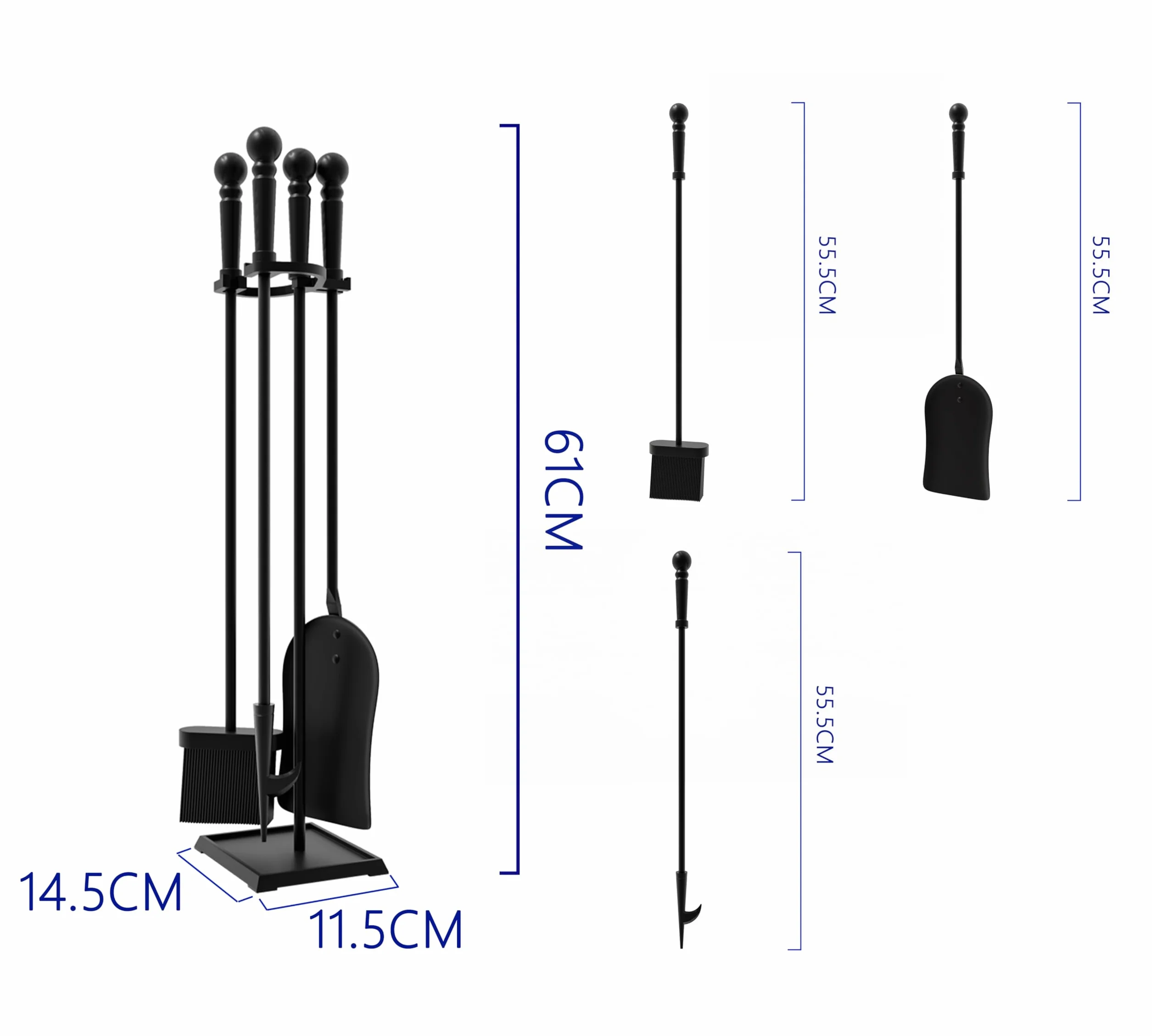 Set di accessori per caminetto Kingson – 3 pezzi, strumenti neri con rivestimento in polvere, manici e supporto in ghisa – pala, attizzatoio, spazzola – strumenti da 55,5 cm, altezza complessiva 61 cm