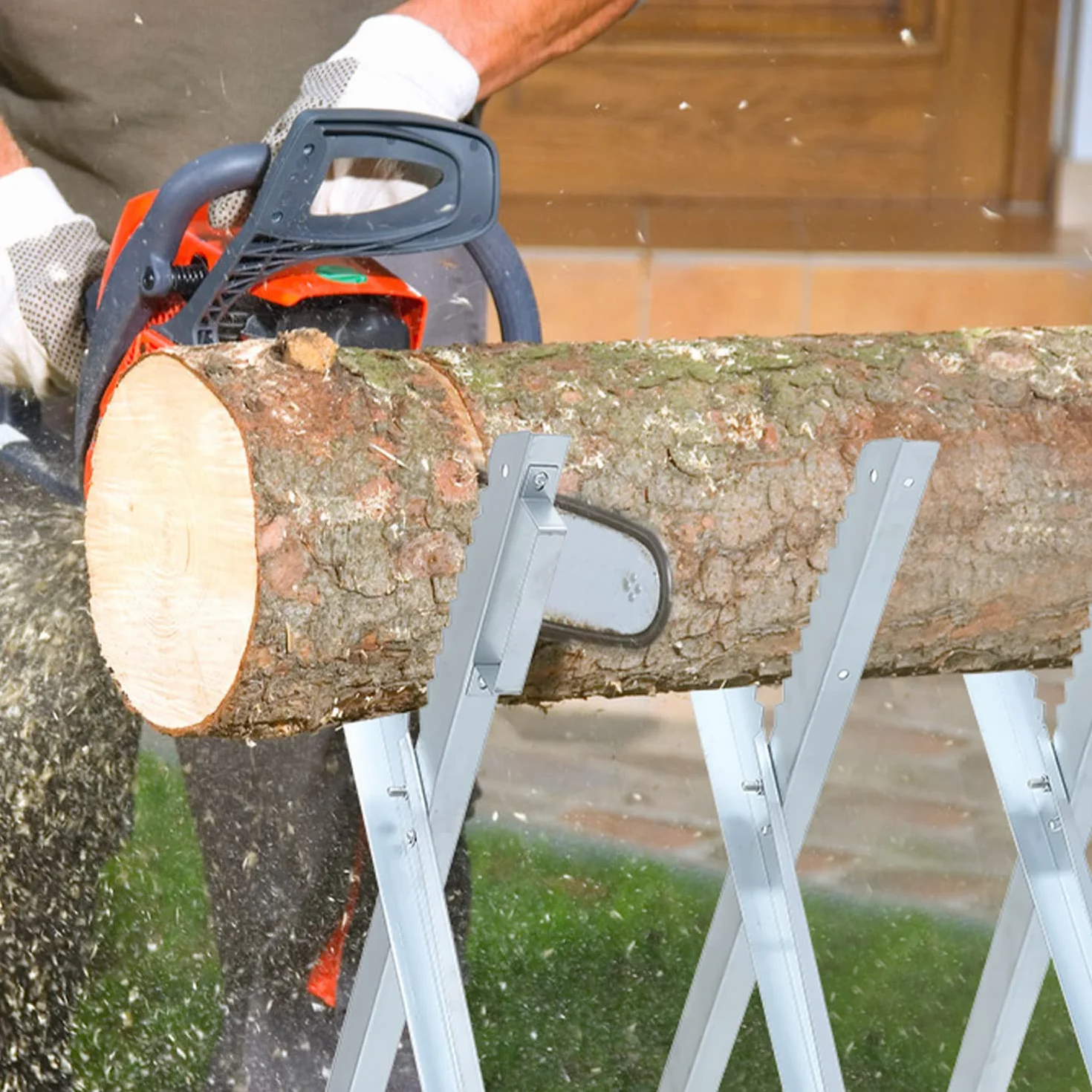 Cavalletto per sega a catena con supporto per motosega, paratena, asta di misura, supporto pieghevole fino a 150 kg, struttura stabile, adatto per segherie, officine