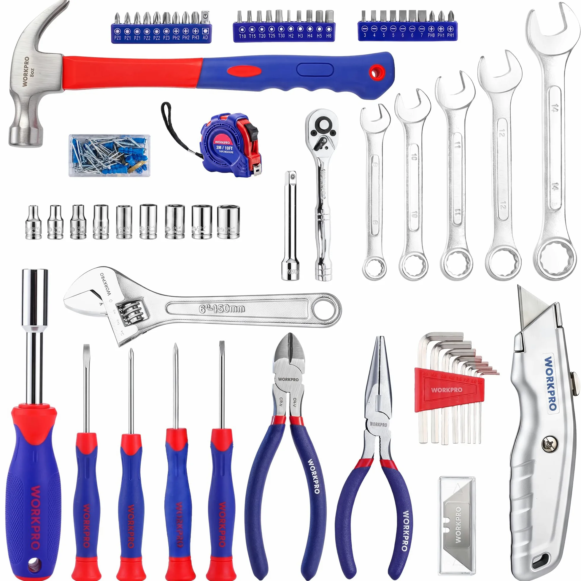 WORKPRO Kit di Attrezzi per la Casa 106 pezzi | Kit di Attrezzi Fai da Te con Custodia di Stoccaggio che Include Cacciaviti, Pinze, Chiavi, Martello, Metro a Nastro, Chiave Esagonale, Coltello