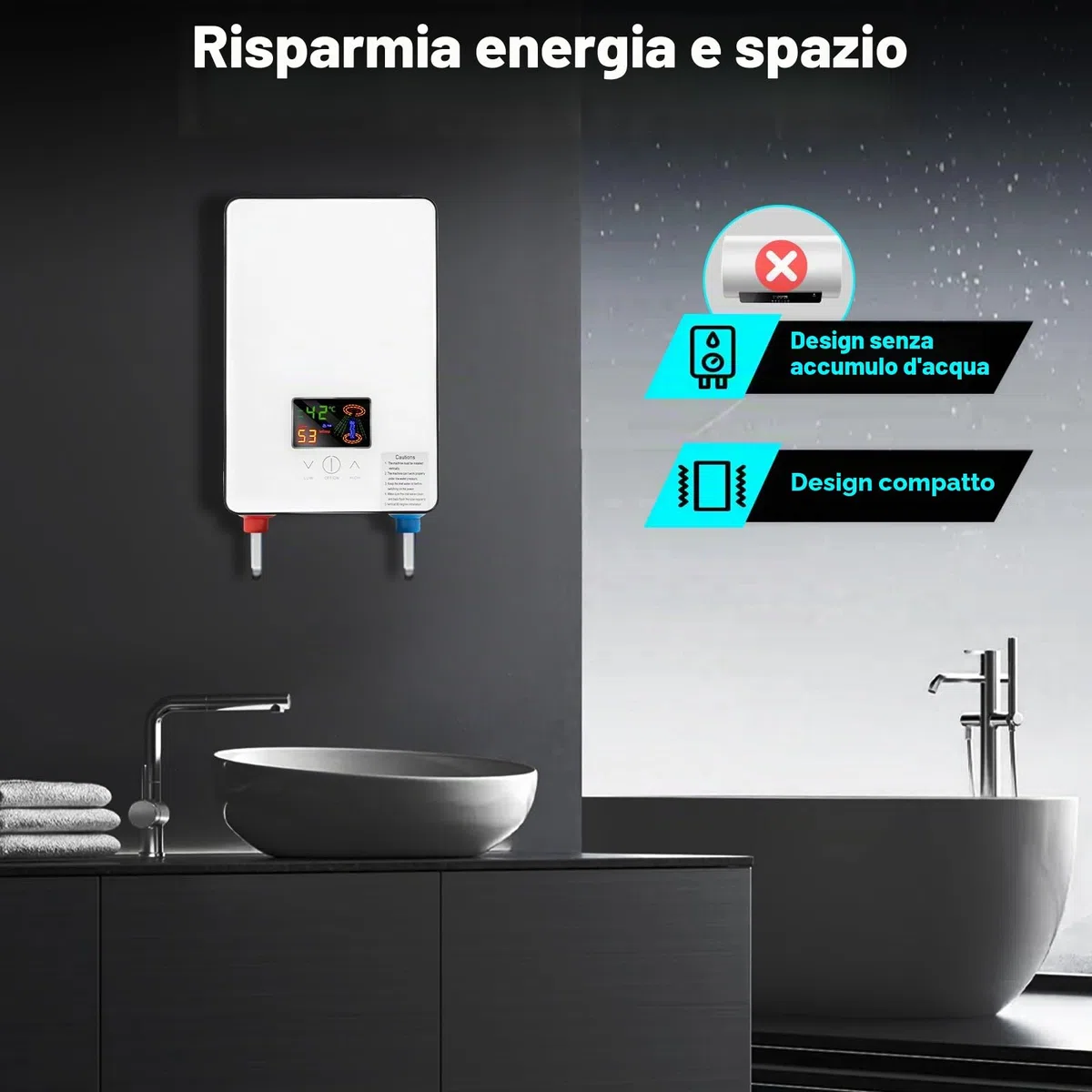 Scaldabagno Elettrico Istantaneo Senza Serbatoio, Digitale, Adatto per Bagno, Parrucchieri, Hotel, Centri Estetici, Scuole, Ospedali, 18,6 * 5,7 * 27,7 cm (Bianco)