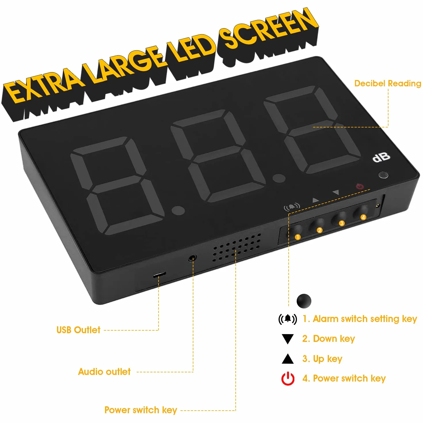 Fonometro 30-130db Misuratore di decibel Muro Decibel Volume Rumore Tester con allarme, Decibel Misuratore di rumore digitale con grande schermo LCD rosso per Casa Ufficio Scuola Ristorante Fabbrica