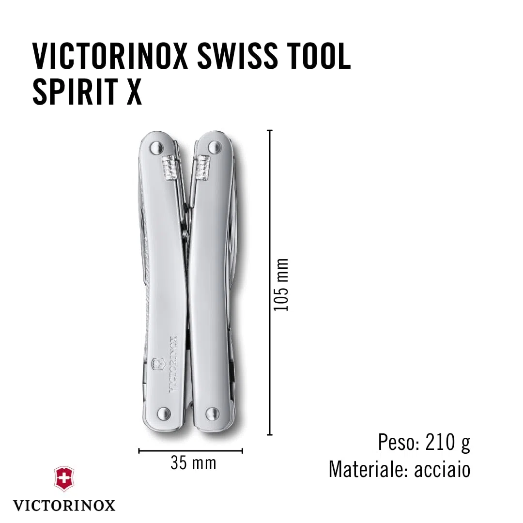 Victorinox Multi-strumento Swiss Tool Spirit X, 24 Funzioni, Multiuso con Lama Bloccabile e Pinze a Punta Lunga, incl. Fodero in Nylon, Argento