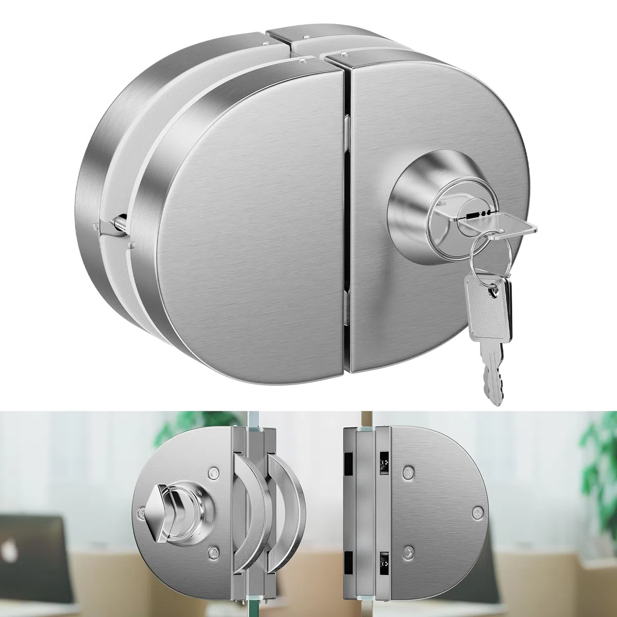 Serratura per porta in vetro senza fori, finitura spazzolata in acciaio inox 304,con chiave e pomello,compatibile con vetro temperato da 10-12 mm,installazione rapida,design moderno anti-effrazione.