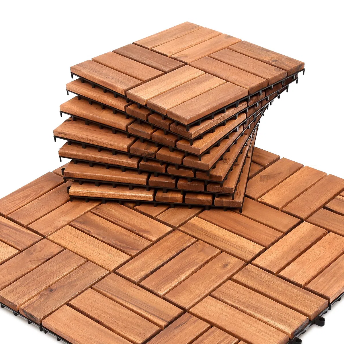 Piastrelle in legno 11 pezzi | 30 × 30 cm | 1 m² per piastrelle da pavimento | in legno di acacia | Pavimentazione per esterni e interni, balcone con sistema di drenaggio e sistema a clic