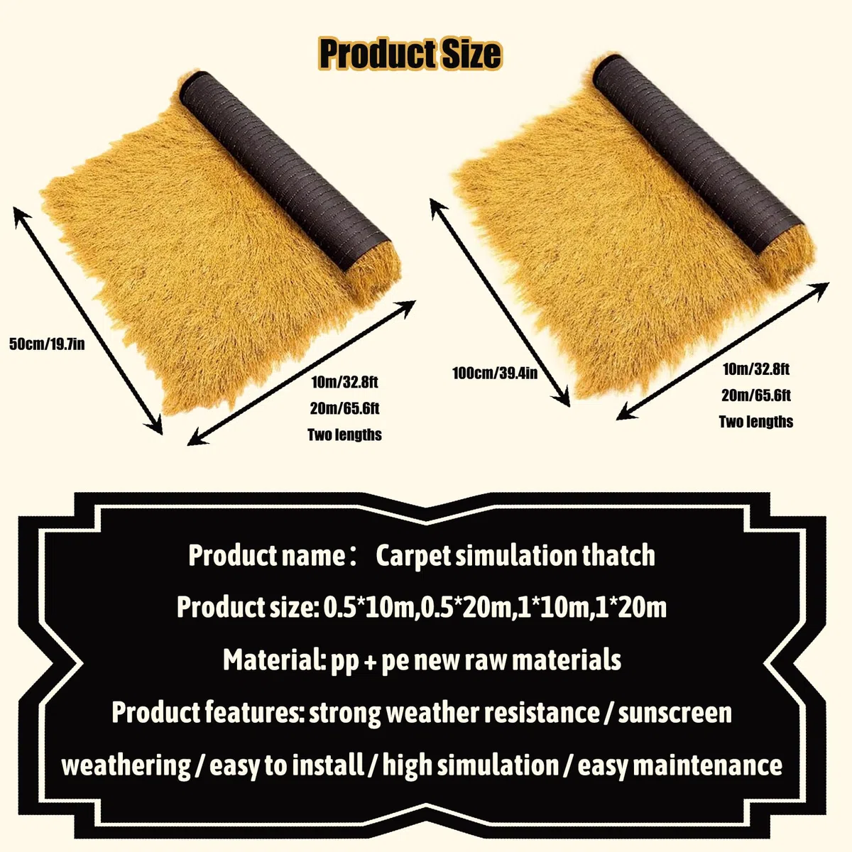 Tegole Artificiali in Paglia Simulata – Copertura PE/PP Resistente per Tiki Bar Gazebo, Giardini Anti-UV e Impermeabile Facile Installazione(Size:50cm*10m(19.7in*32.8ft))