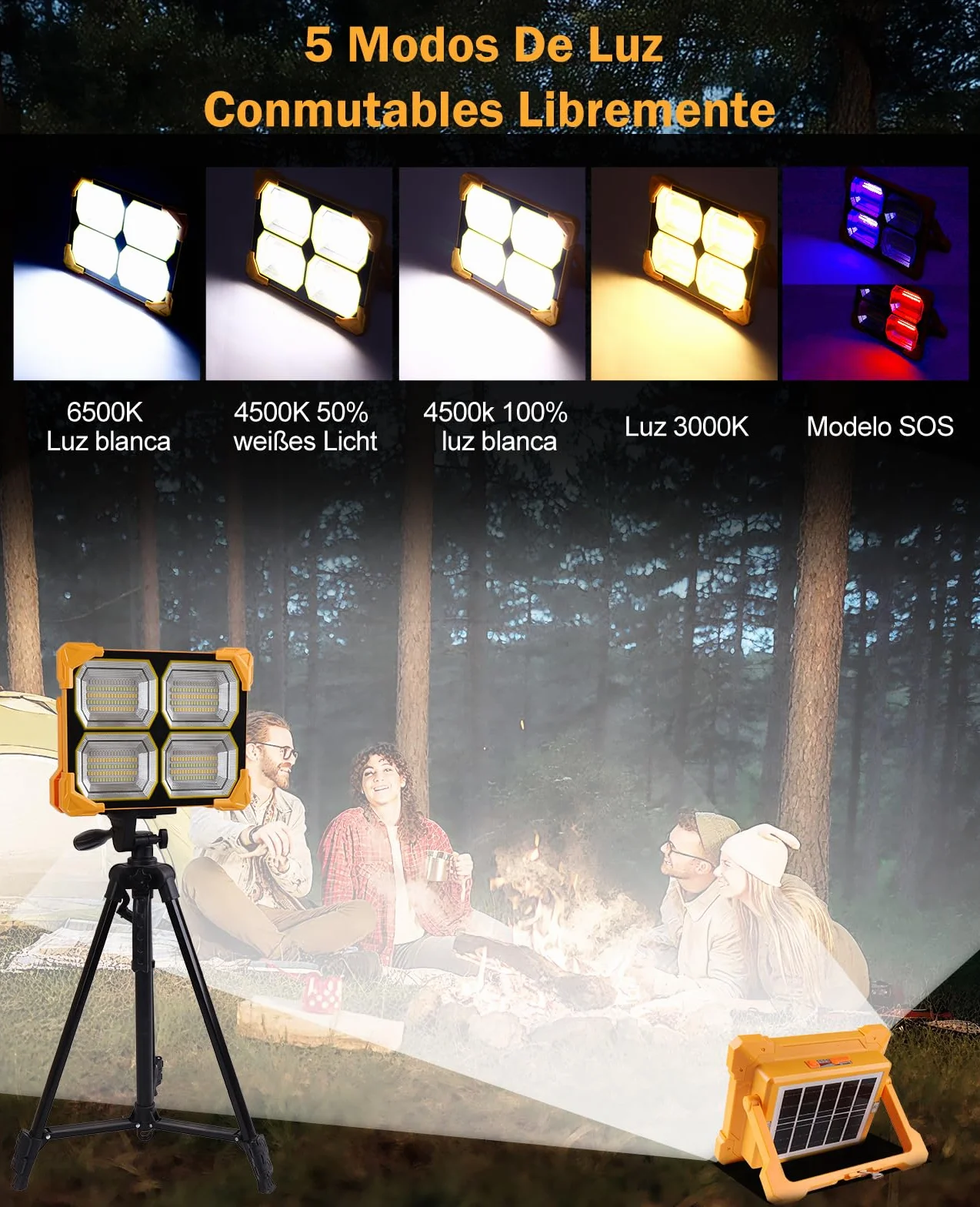 luce solare led esterno, faretto da cantiere Portatile USB 300W, lampada portatile 26000LM luce ricaricabile， faro led solare Esterno per Campeggio, Emergenza, Giardino