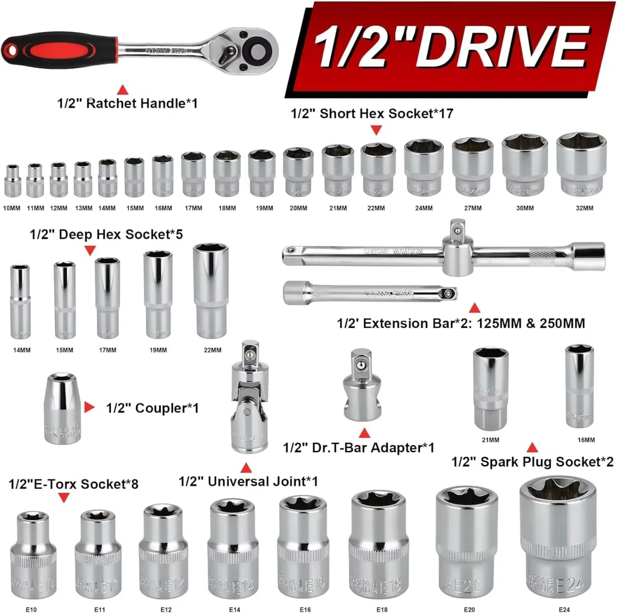 Cassetta Attrezzi Completa Set Di Bussole A Cricchetto Da 108 Pezzi Per Auto Con Cricchetto Reversibile Da 1/4 "e 1/2" Chiavi A Bussola Set Di Punte