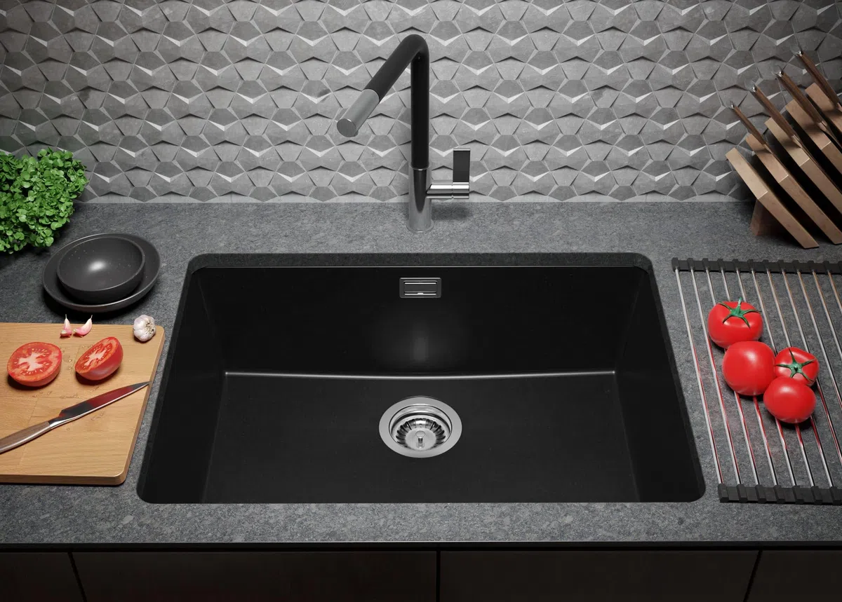 PRIMAGRAN Lavandino sottotop Tutto Nero - London, 66x47cm | Lavello in Granito a 1 Vasca + Rubinetto 40x20cm + Zuberhor-Set, Lavabo da Cucina al Mobile 70cm (S406)