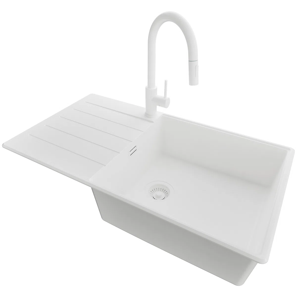 PRIMAGRAN Lavandino da Cucina Tutto Bianco 90x50cm, Lavello in Granito a 1 vasca + Rubinetto 40x20cm + Set di accessori, Lavabo da Cucina Incasso al Mobile 60cm - Copenhagen Top S680