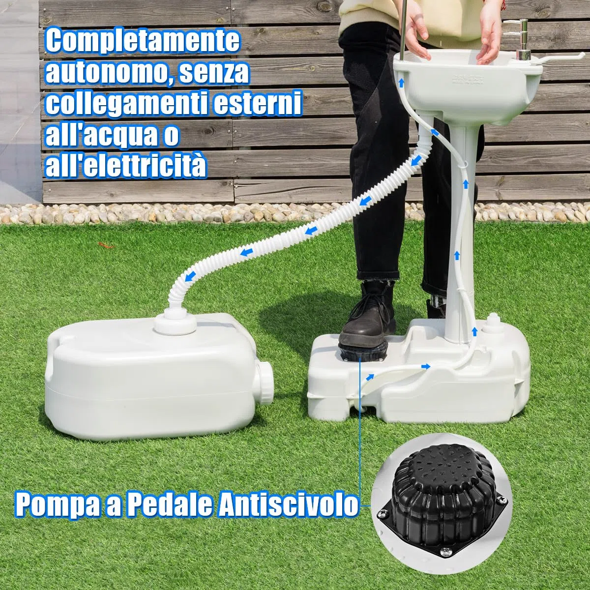 COSTWAY Lavandino da Campeggio con Pompa a Pedale, Lavandino Portatile con Serbatoio d'Acqua da 17L, Dispenser Sapone, Portasciugamani e Ruote (58 x34 x 102cm)