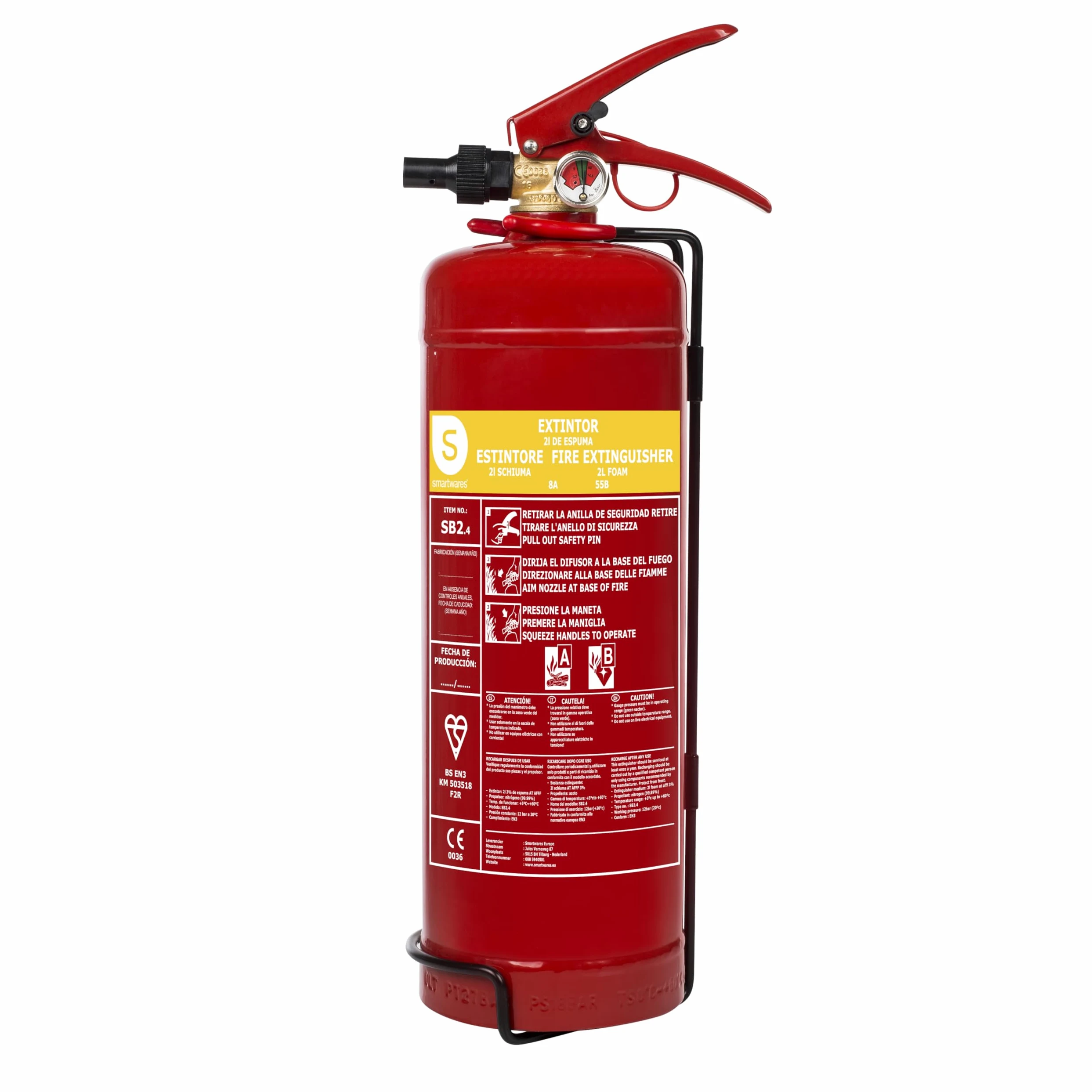Smartwares Estintore a Schiuma - 2 Litri - AB - Incluso Supporto, Certificato BSI - FEX-15222, rosso