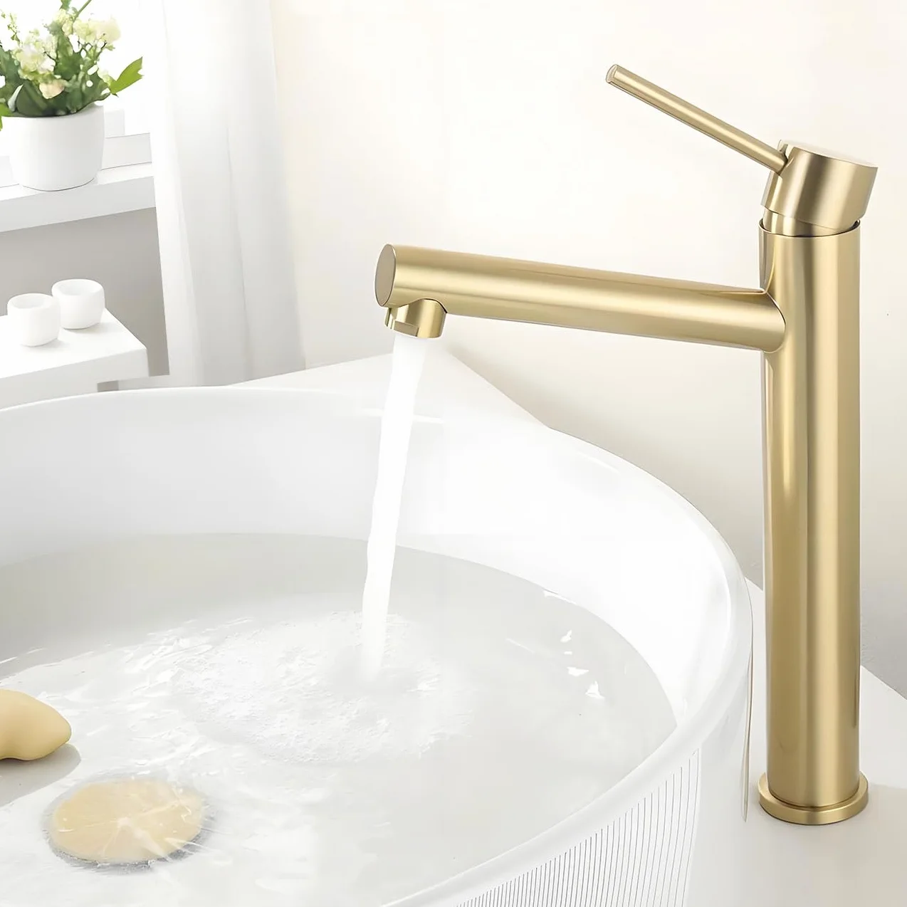 Rubinetto Lavabo Alto Oro, Angolo di Uscita Dell'acqua Umanizzato, Miscelatore Monocomando da Appoggio per Bagno, Acciaio Inox 304, Acqua Calda e Fredda, Aeratore Rimovibile