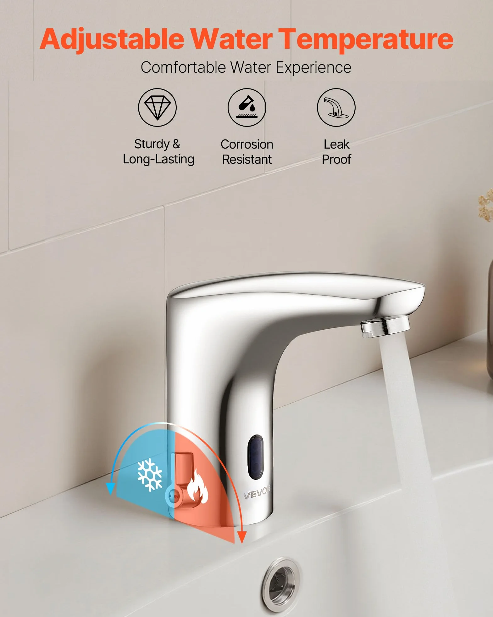 VEVOR Rubinetto per Lavabo Senza Contatto, Rubinetto Automatico con Sensore a Batteria per Bagno Miscelatore Maniglia Singola Regolabile a Mani Libere, Acqua Fredda e Calda, Argento Cromato