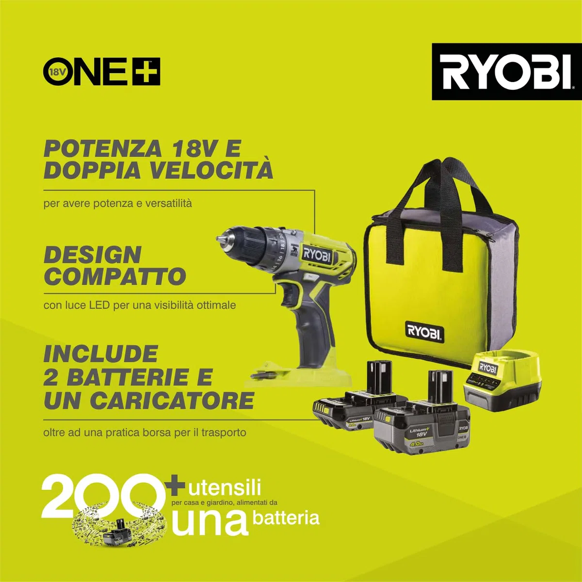 Ryobi R18PD2-242S Trapano Avvitatore a Percussione a Batteria 18V ONE+, Include una Batteria 2.0Ah e una 4.0Ah, 2 Velocità, 24 Regolazioni di Frizione, Luce LED