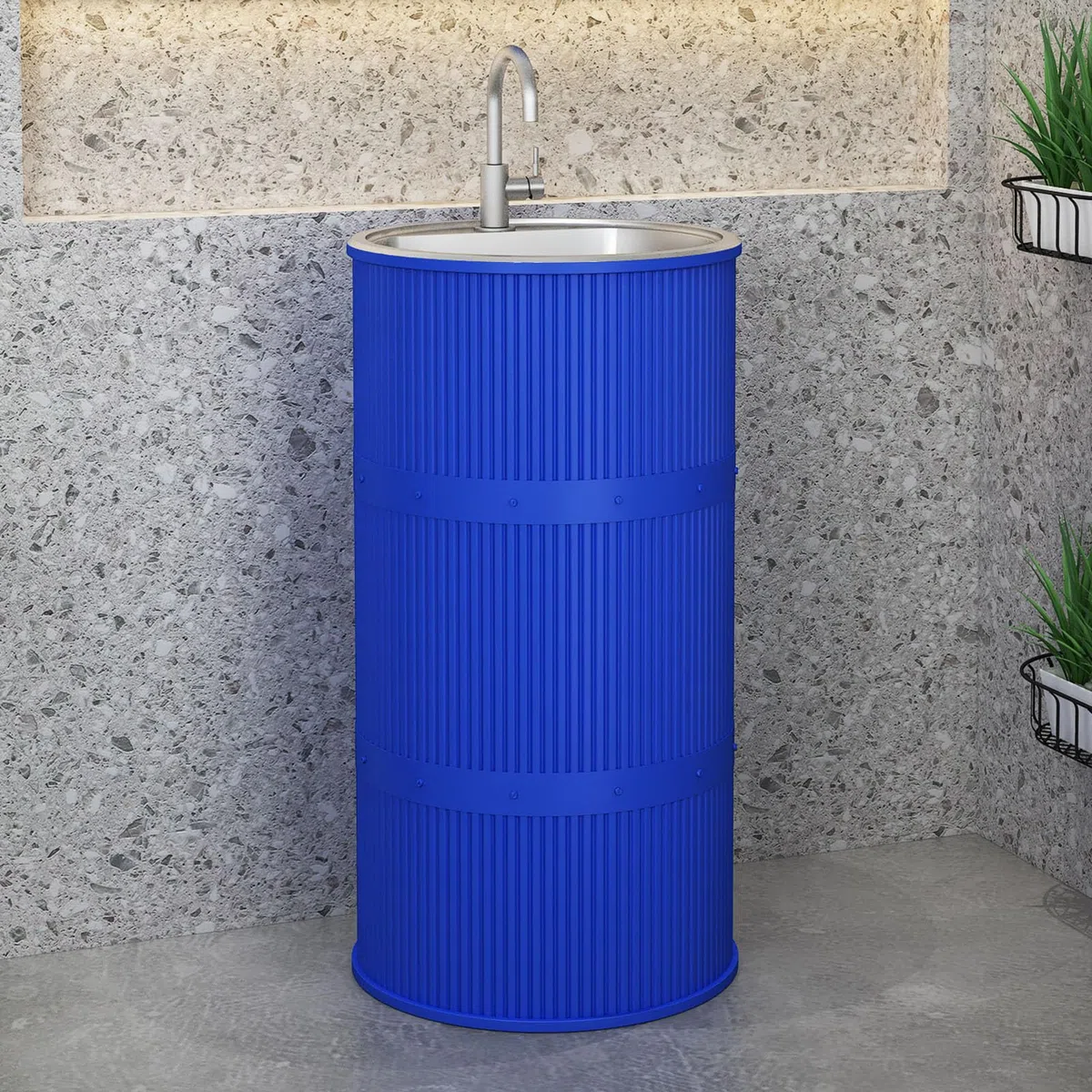 Lavandino a Colonna Moderno in Ferro Battuto, Mobile da Bagno con Lavabo in Acciaio Inox, Lavandino su Piedistallo Freestanding Set con Rubinetto e Scarico (senza contenitore,Blu)