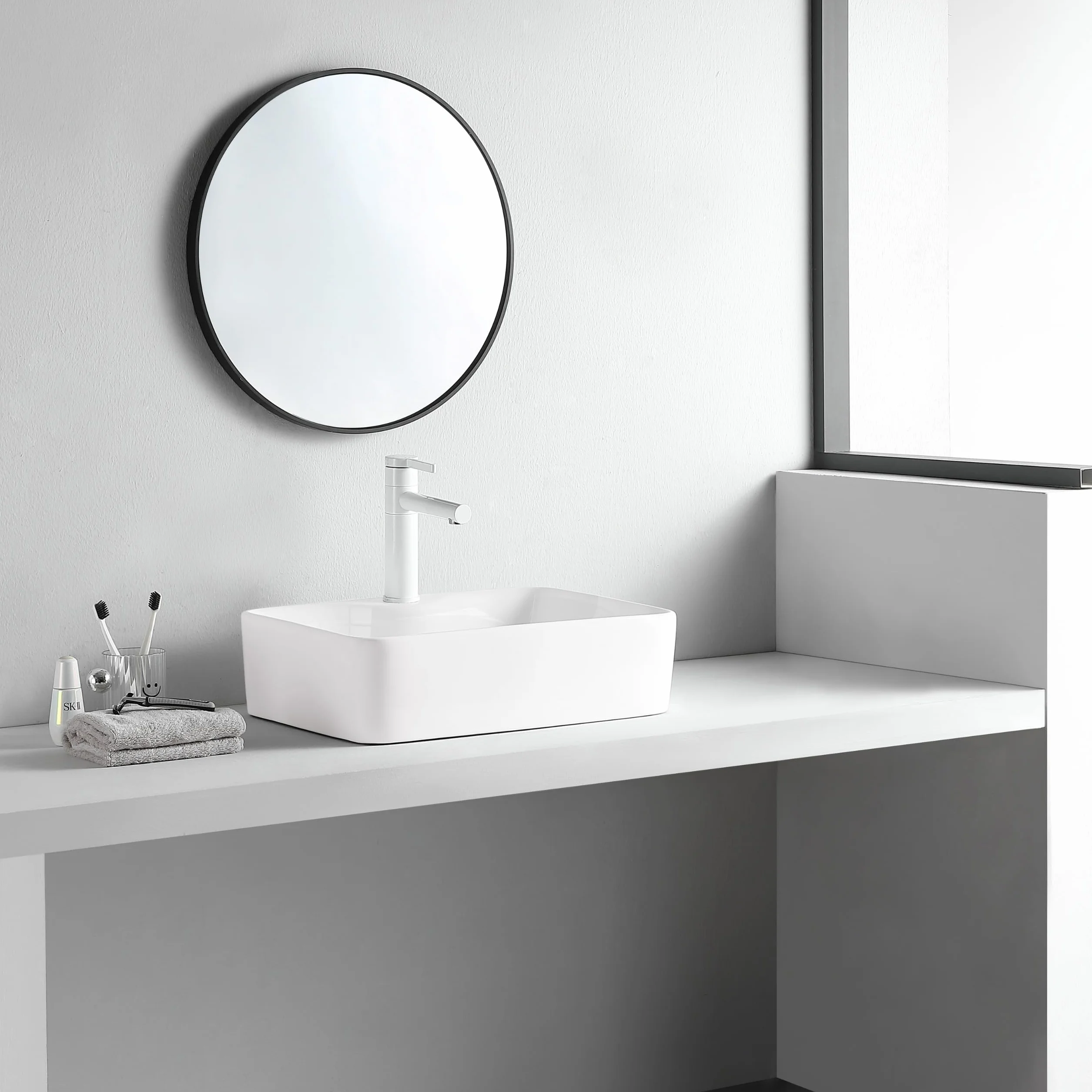AQUAUNO - Lavabo da Appoggio KAIA 49 x 38 cm, Rettangolare, in Ceramica Bianca con Foro per Rubinetto senza Troppopieno
