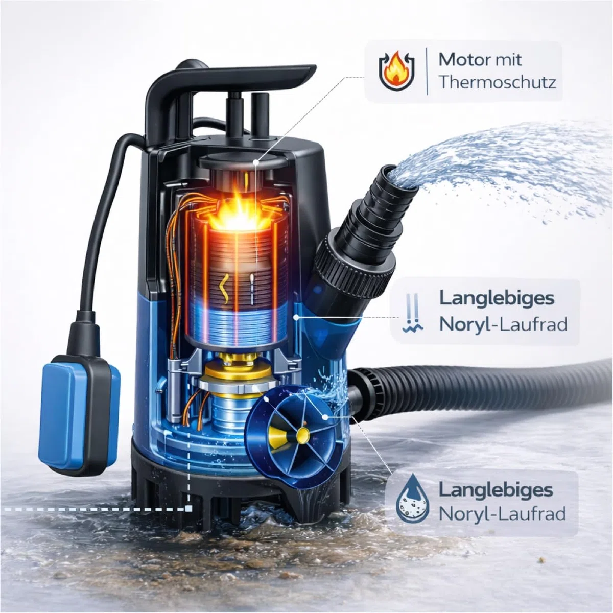 Pompa sommergibile per acqua sporca da 400 W con portata di 7500 l/h – max. 5 m di altezza di mandata, 4 m di profondità di immersione, cavo da 10 m, interruttore galleggiante e protezione termica per