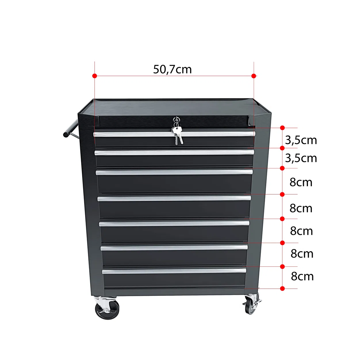 Carrello Da Officina Con 7 Scomparti In Metallo Cassetti Con Serratura Centralizzata Rivestimento Antiscivolo E Ruote Con Freno Di Stazionamento Porta Attrezzi 77.5 x 33 x 70 Cm (Nero)