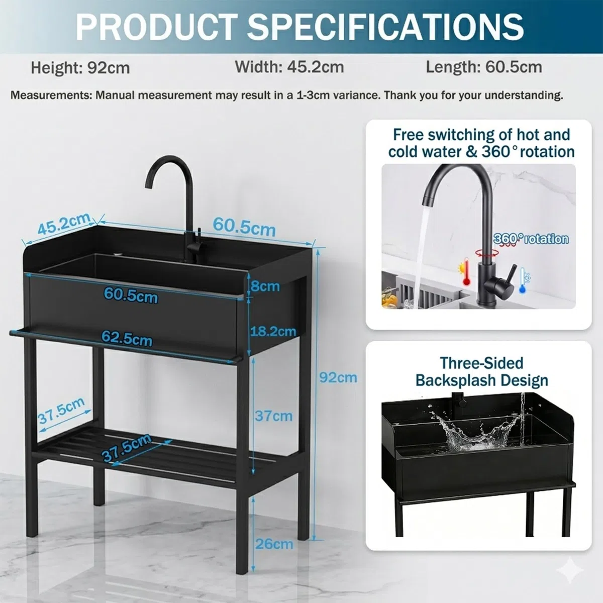Lavandino Inox con Mobiletto, Lavatoio da Esterno e Giardino Autoportante con Paraspruzzi su 3 Lati, Vasca Lavanderia Altezza 92cm con Miscelatore, Lavello per Garage, Officina(60 x 45 x 92cm)