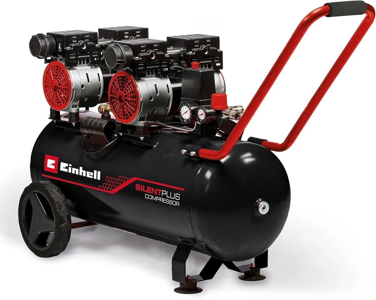 Compressore Einhell TE-AC 270/50 Silent Plus (1500 W, max. 8 bar, serbatoio da 50 l, potenza aspirazione 270 l/min, velocità 1450 min^-1, riduttore pressione, manometro, lubrificato, incl. accessori)