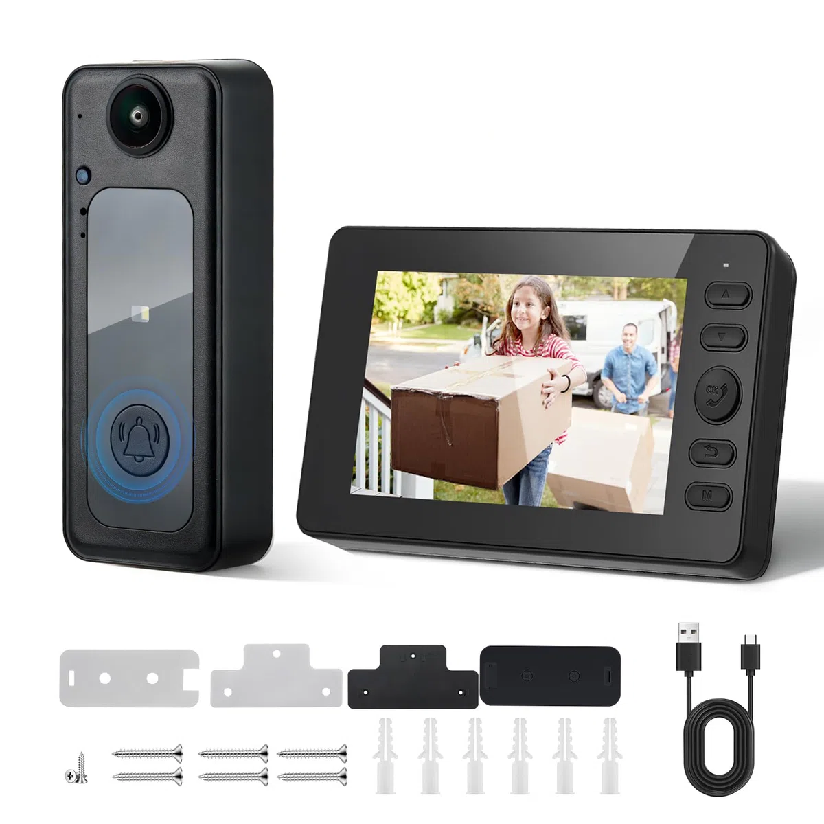 Campanello senza Fili con Telecamera, Campanello Video Impermeabile senza Fili, 1080P HD IPS 4.3", Audio Bidirezionale, Visione Notturna a Infrarossi, Resistente alle Intemperie, Angolo di Visione 170