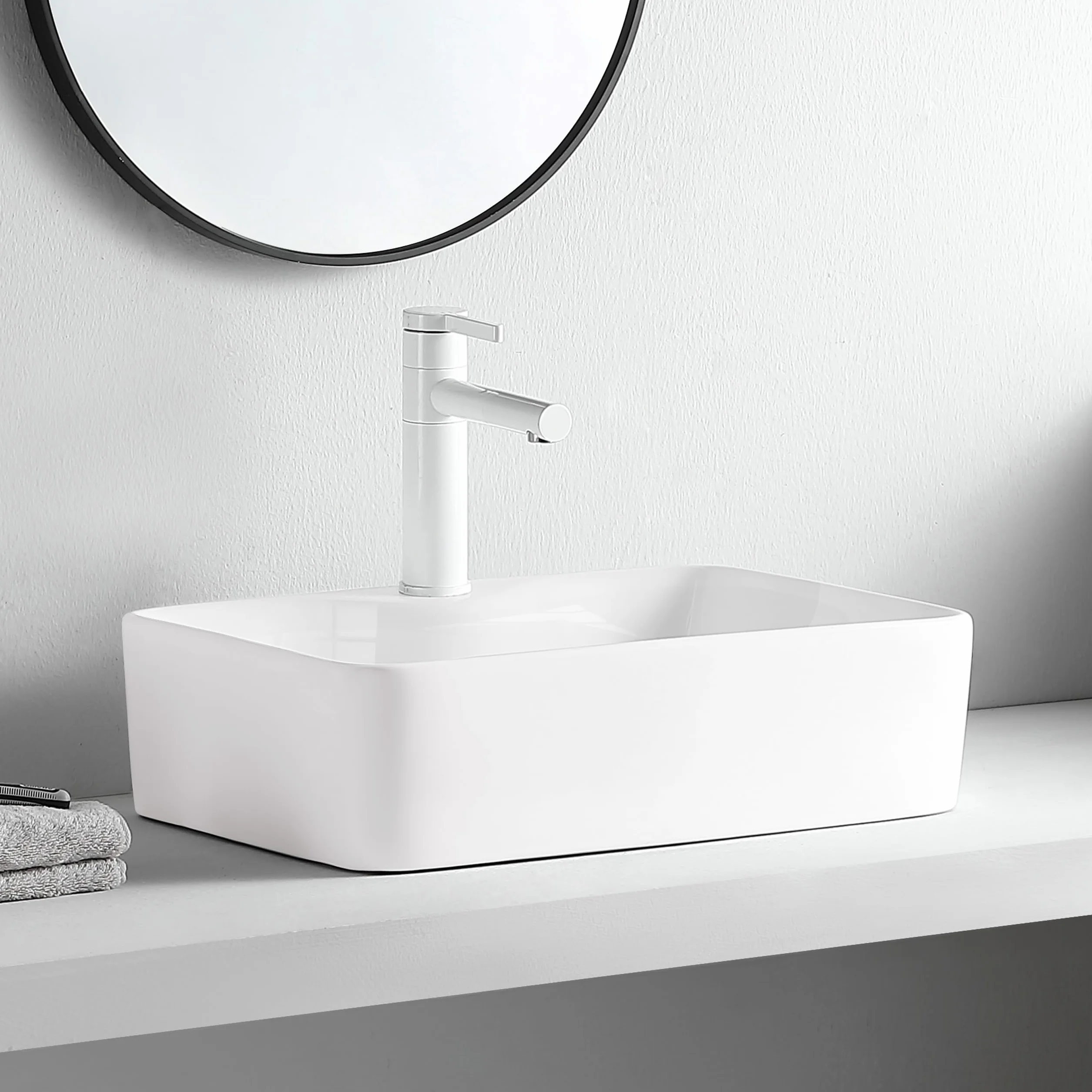 AQUAUNO - Lavabo da Appoggio KAIA 49 x 38 cm, Rettangolare, in Ceramica Bianca con Foro per Rubinetto senza Troppopieno