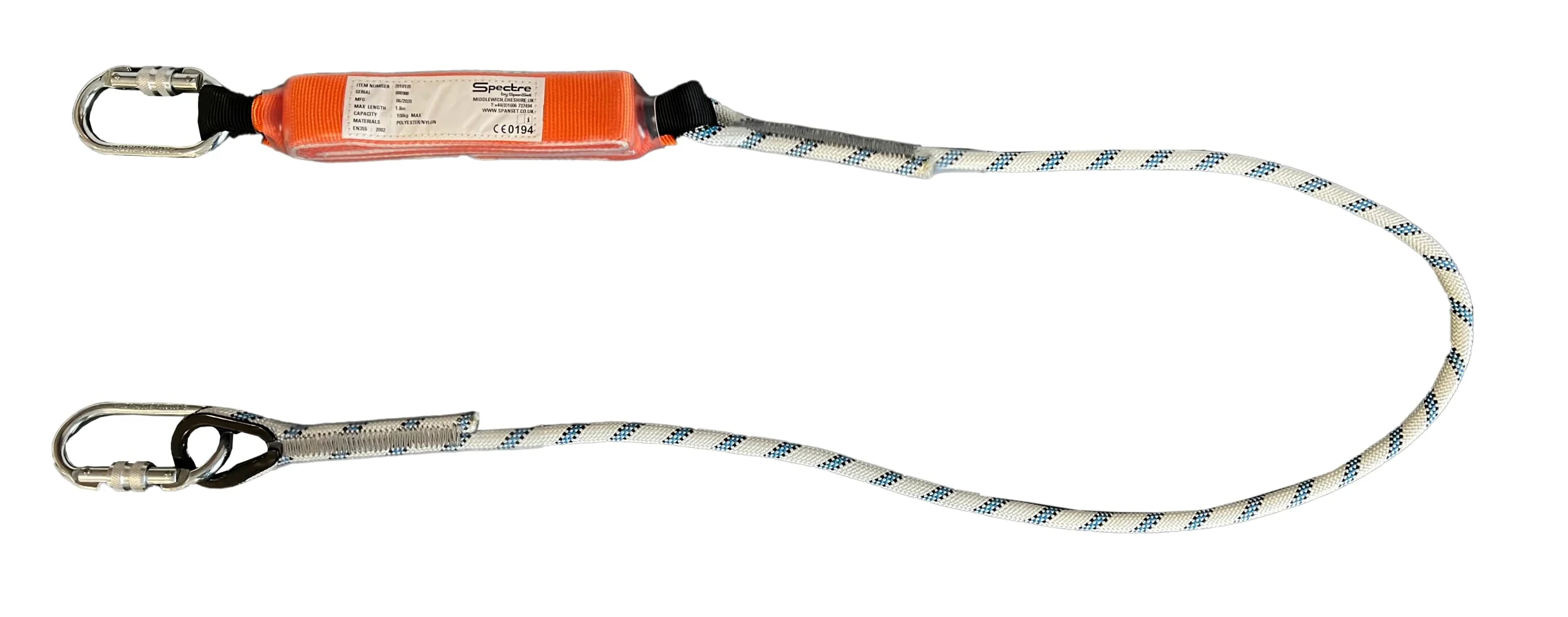 Cordino SpanSet Anticaduta 2 mt con assorbitore di energia a strappo con 2 moschettoni in acciaio. Conforme alla norma EN355.