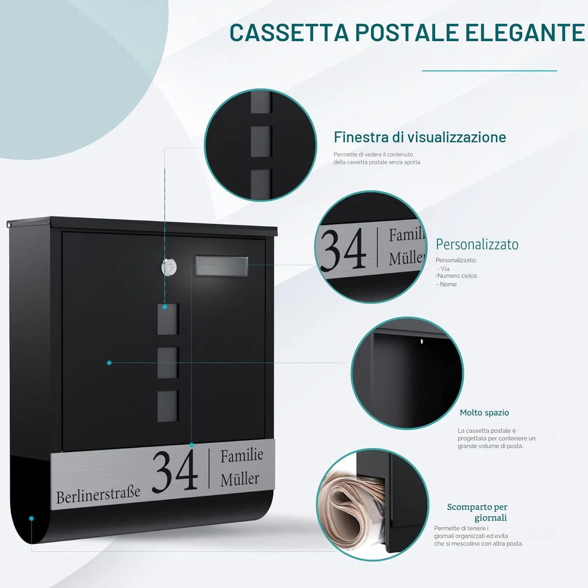 Bl4ckPrint Cassetta delle lettere di alta qualità, antracite, scomparto per giornali, finestra personalizzabile, nome della famiglia e numero civico, cassetta da parete