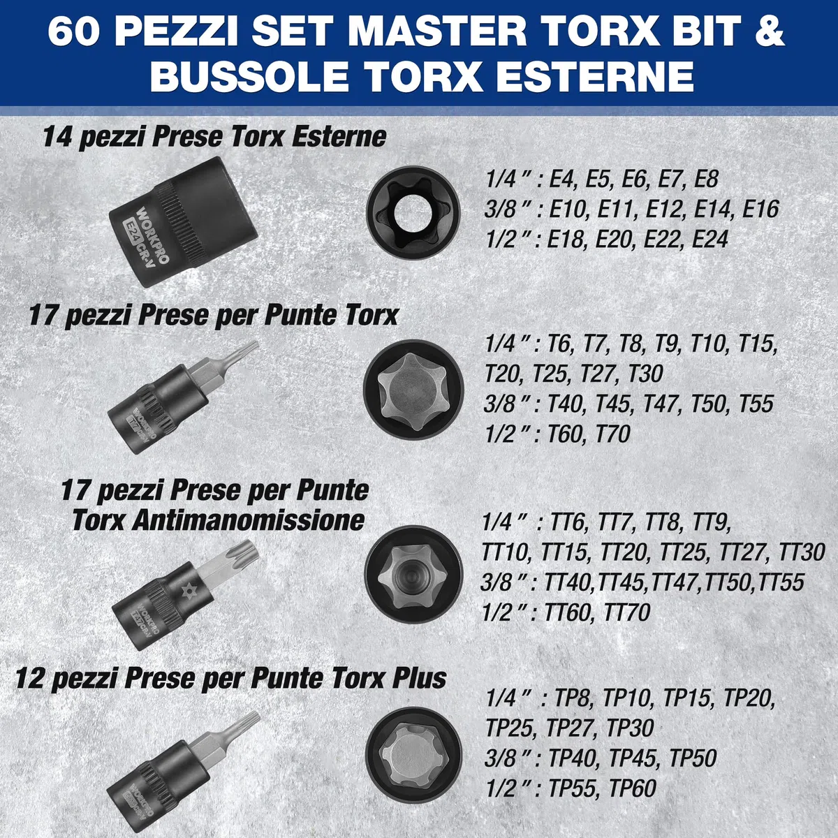 WORKPRO Chiavi a Bussola Torx da 60 Pezzi, 1/4", 3/8", 1/2" Attacco, T6-T70, TT6-TT70, TP8-TP60, E4-E24, con Scatola di Conservazione