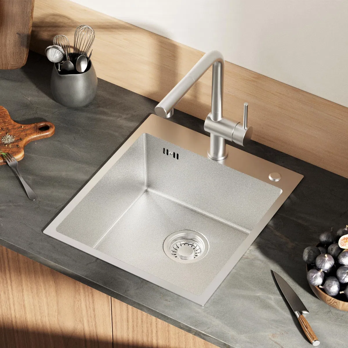 CECIPA 44x49 cm Lavello Cucina 1 Vasca in Acciaio Inox con Foro, Lavandino Cucina 1 Vasca per Mobile da 45cm, Lavello da Incasso o Banco con Sifone e Scarico