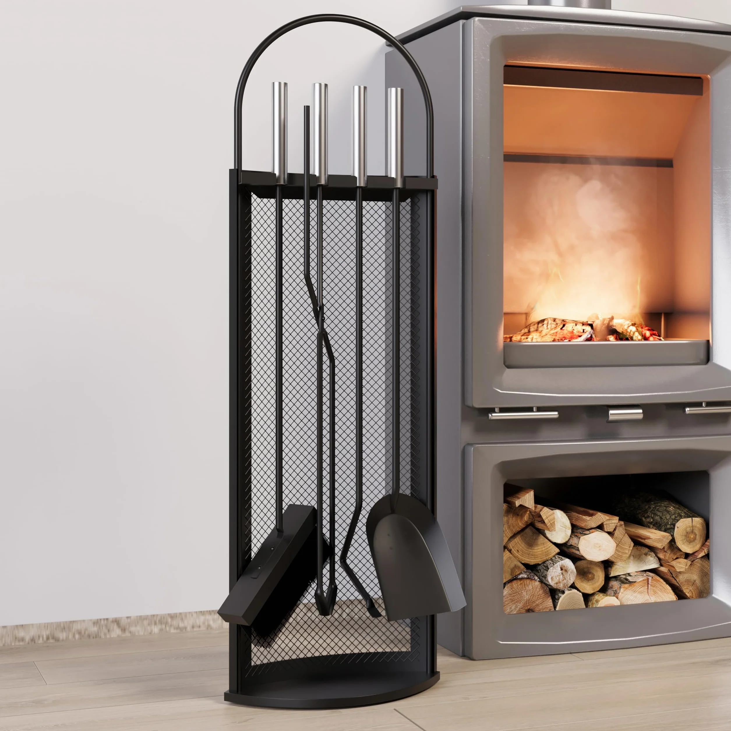 Kingson Set da Camino in 5 Pezzi con Manici in Acciaio INOX 22x16x67cm, Elegante e Resistente Kit di Accessori per Camino Nero