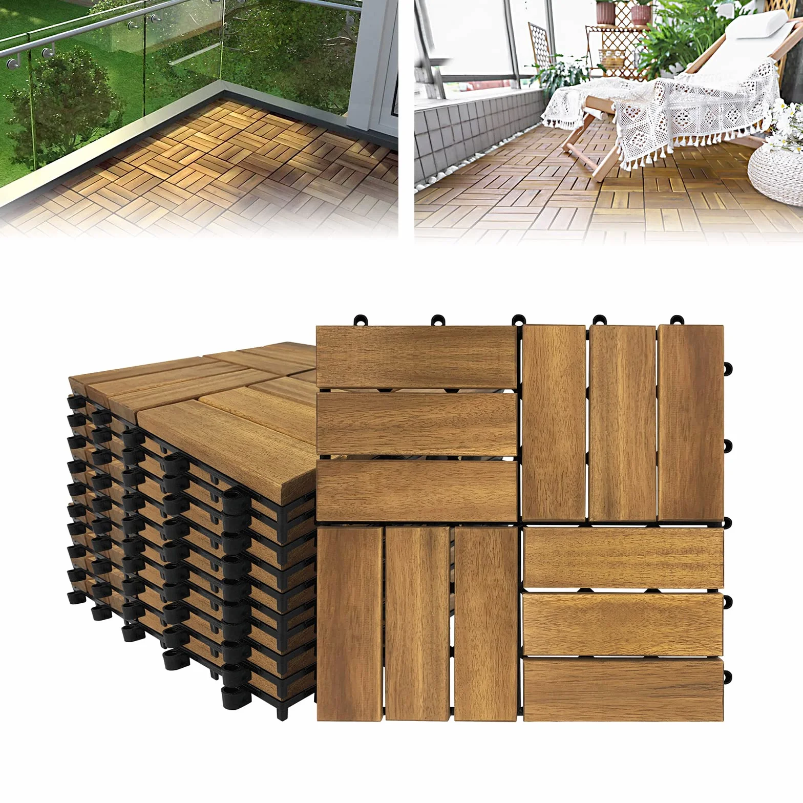 LARS360 12 Venature del Legno Acacia Mattonella Legno Sistema ad Incastro Giardino Piastrelle 30 x 30 cm Balconi, Terrazza Piscina Sauna - Set da 11(1 m²)