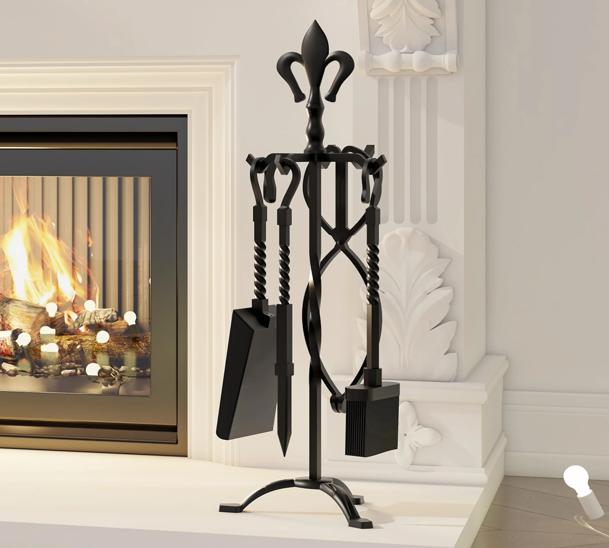 Kingson Set di 5 accessori per caminetto in ghisa, finitura nera, include attizzatoio, pinze, spazzola, pala e supporto, set di attrezzi per caminetti tradizionali, altezza 53 cm