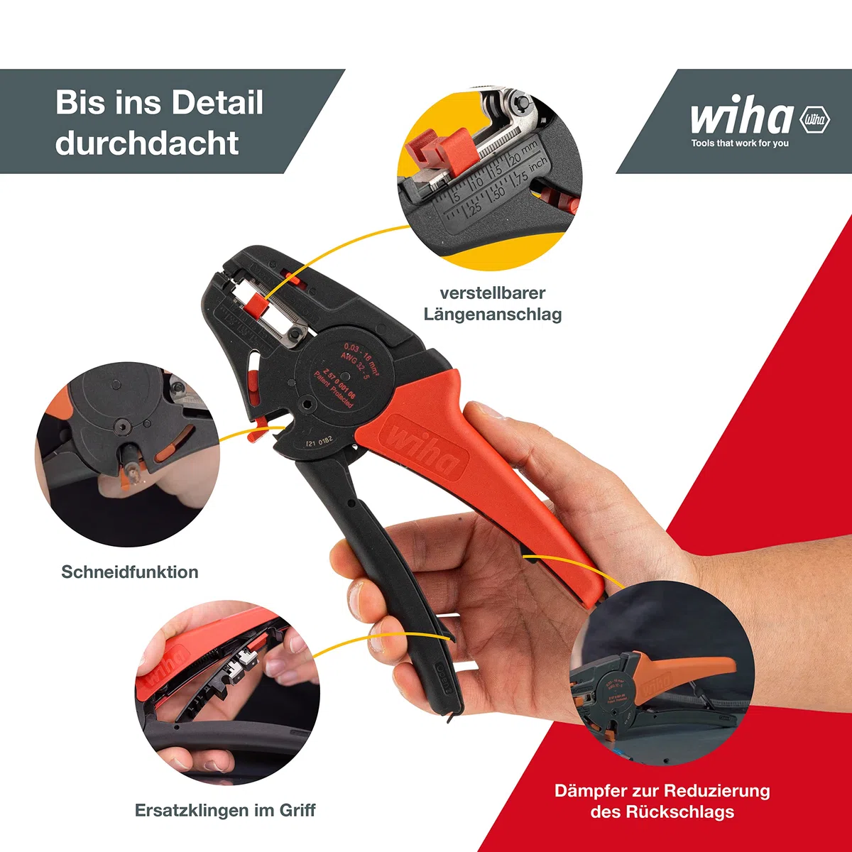 Wiha Herramienta pelacable automática hasta 16 mm² 200 mm, 8" (42062) | (42062) Utensile sguainacavi I spelafili I utensile per elettricisti I spelacavi