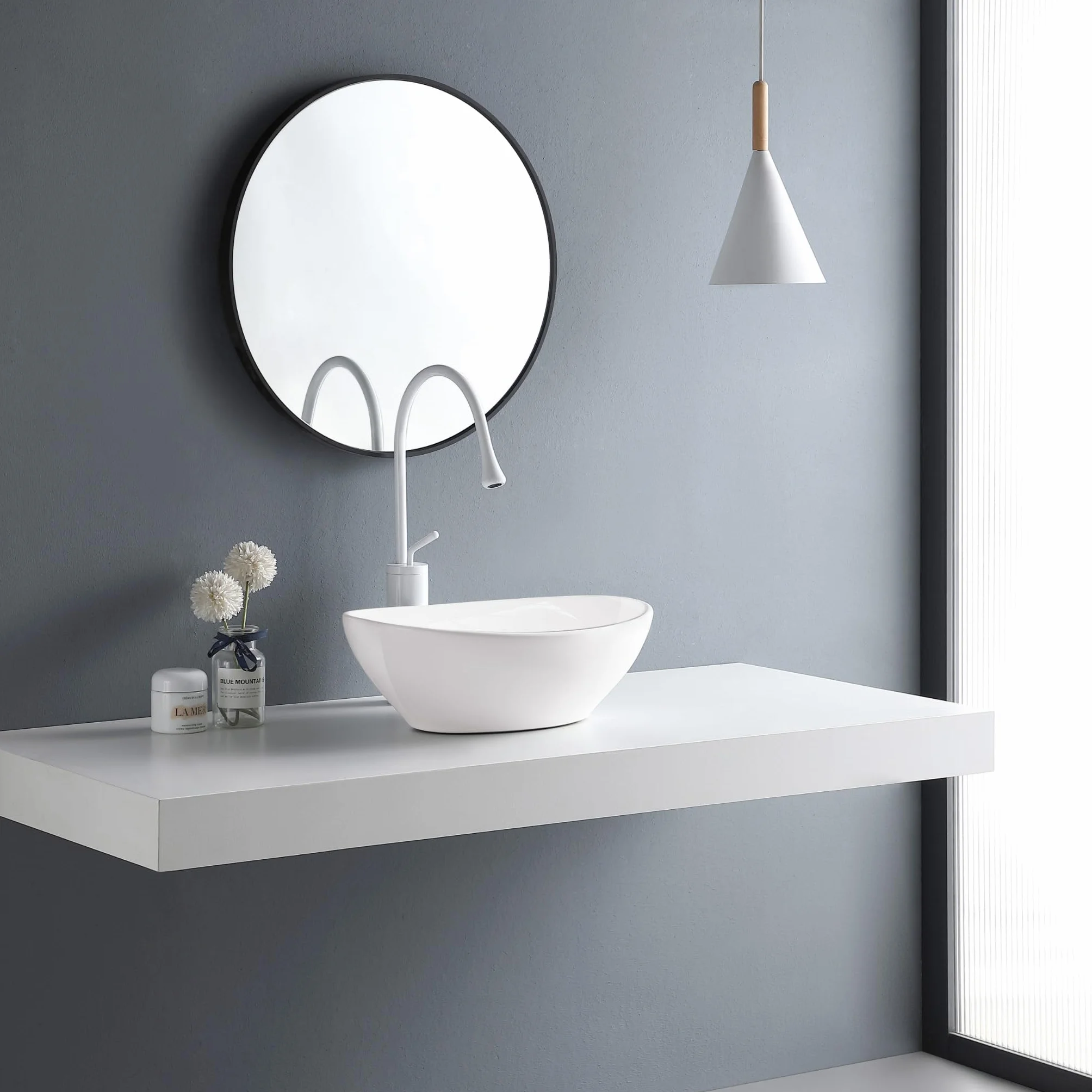 AQUAUNO GOYA - Lavabo da appoggio, 42 x 33 cm, ovale, in ceramica bianca, senza foro per rubinetto e troppopieno, per sanitari, bagno e WC per ospiti