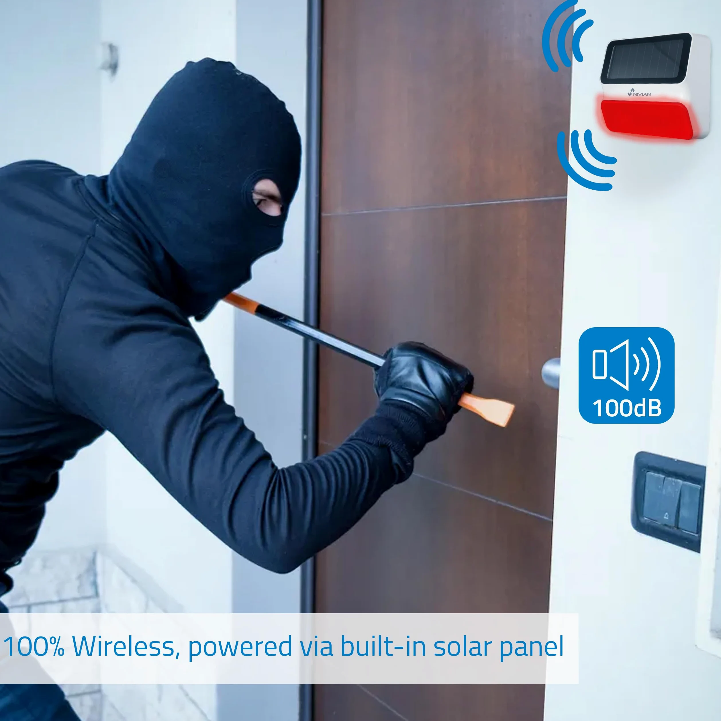 Nivian - Sirena wireless ad alimentazione solare compatibile con allarme Nivian – Adatta per esterni – Avviso luminoso e sonoro da 100 dB – Include batteria – Installazione semplice