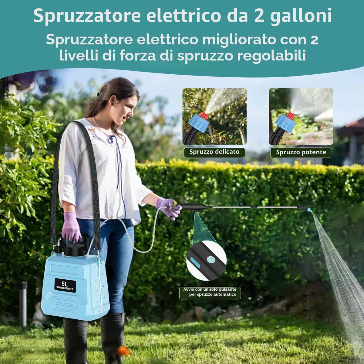 Pompa Irroratrice a Batteria 5L, Spruzzatore Elettrico da Giardino 1800mAh, 2 Modalità & Lancia Telescopica, Spruzzino Automatico per Piante, Diserbo e Prato (Blu)