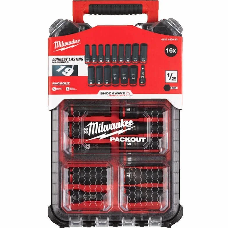 Milwaukee Shockwave 4932480943 - Set di bussole, 1/2", lungo in PACKOUT Organiser 16 pezzi