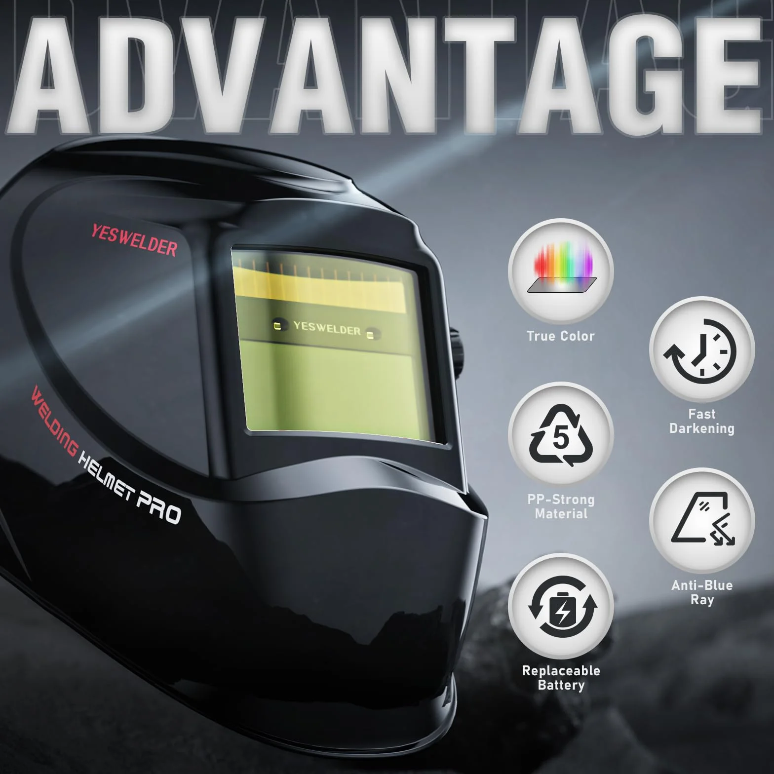 YESWELDER Casco per Saldatura True Color, Maschera per Saldatura Oscuramento Automatico Blocco della Luce Blu, Casco Saldatore 4/9-13 ampia schermatura per ARC MIG TIG