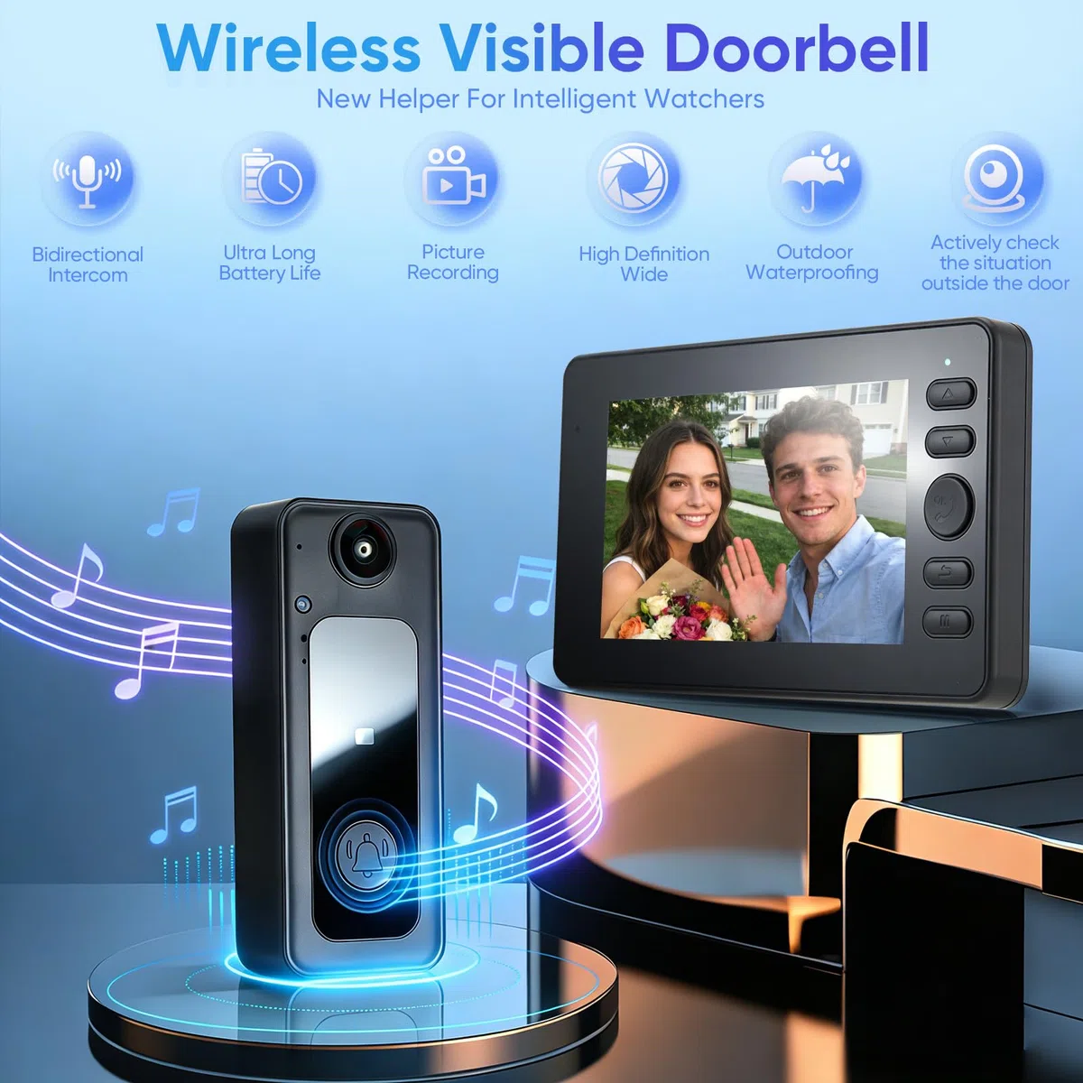 Campanello senza Fili con Telecamera, Campanello Video Impermeabile senza Fili, 1080P HD IPS 4.3", Audio Bidirezionale, Visione Notturna a Infrarossi, Resistente alle Intemperie, Angolo di Visione 170
