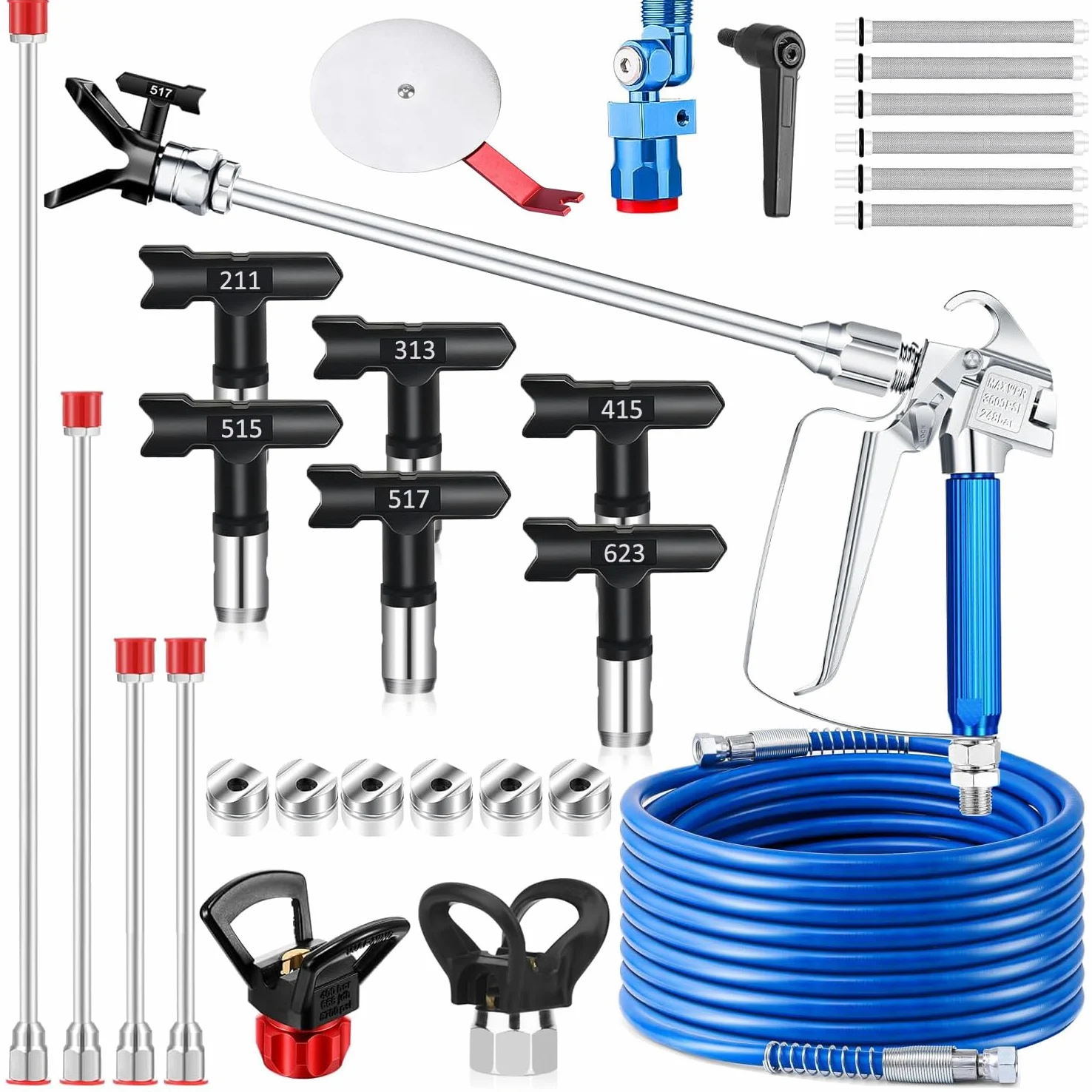 22 pezzi Kit pistola per verniciare, Pistola a spruzzo airless 3600PSI con tubo flessibile da 15 m & 6 Ugello & 4 asta prolunga & 6 filtri & Strumento di guida & ugello seggiolino