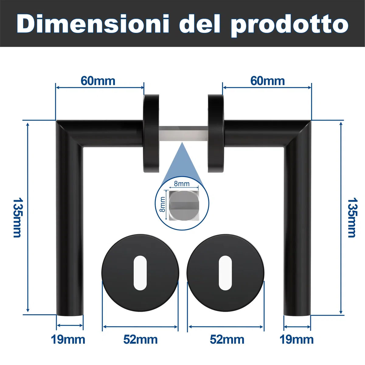 Maniglie per Porta Interne 4 Pezzi, Maniglia per Porta in Acciaio Inox con Rosetta Arrotondata Ø 52 mm, Nero Opaco, Forma di L, BB-Chiave a Profilo Tondo