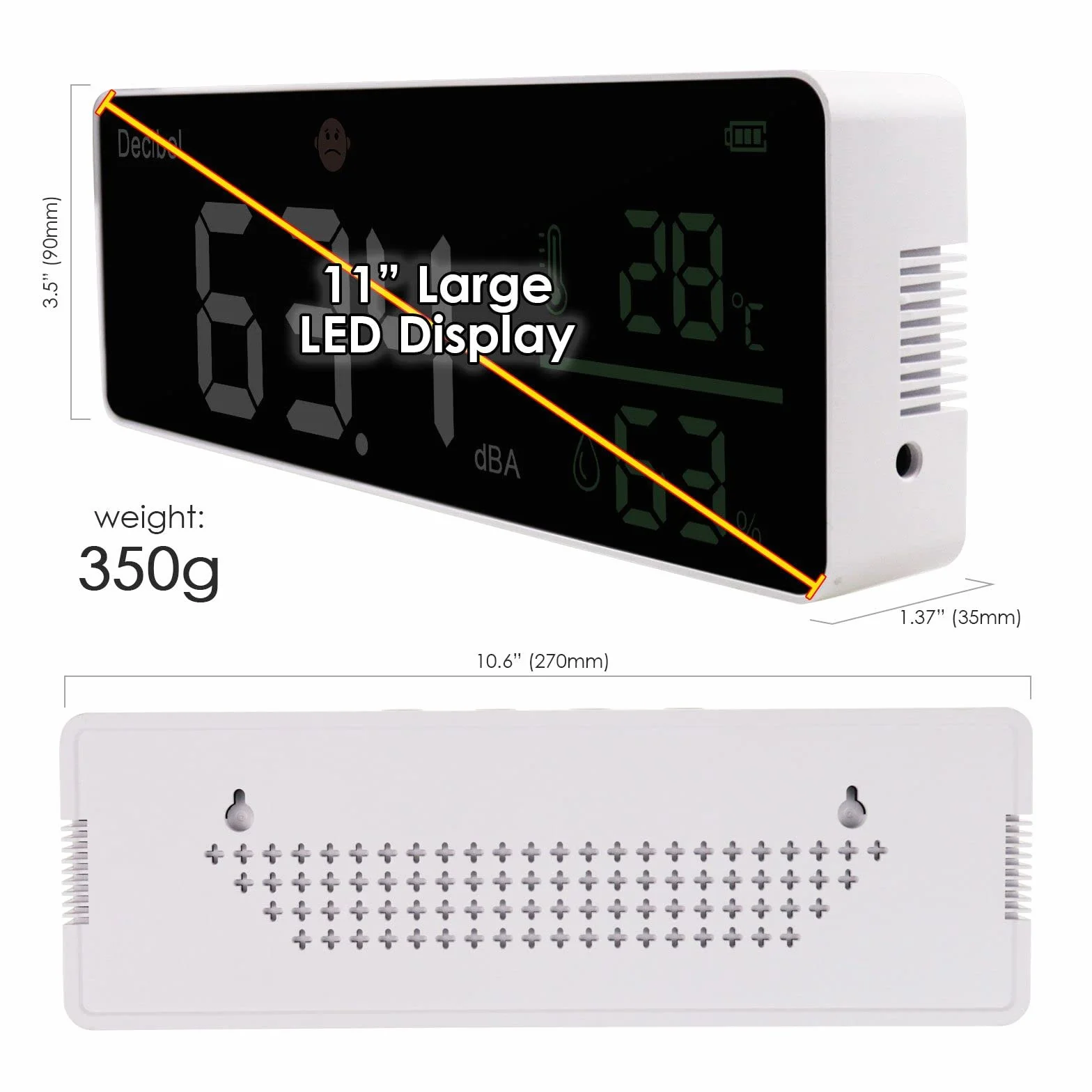 Decibel, misuratore di livello sonoro da appendere alla parete, grande display a LED, misuratore di rumore, temperatura e umidità, con indicatore di icone di allarme, ampie applicazioni per aule,