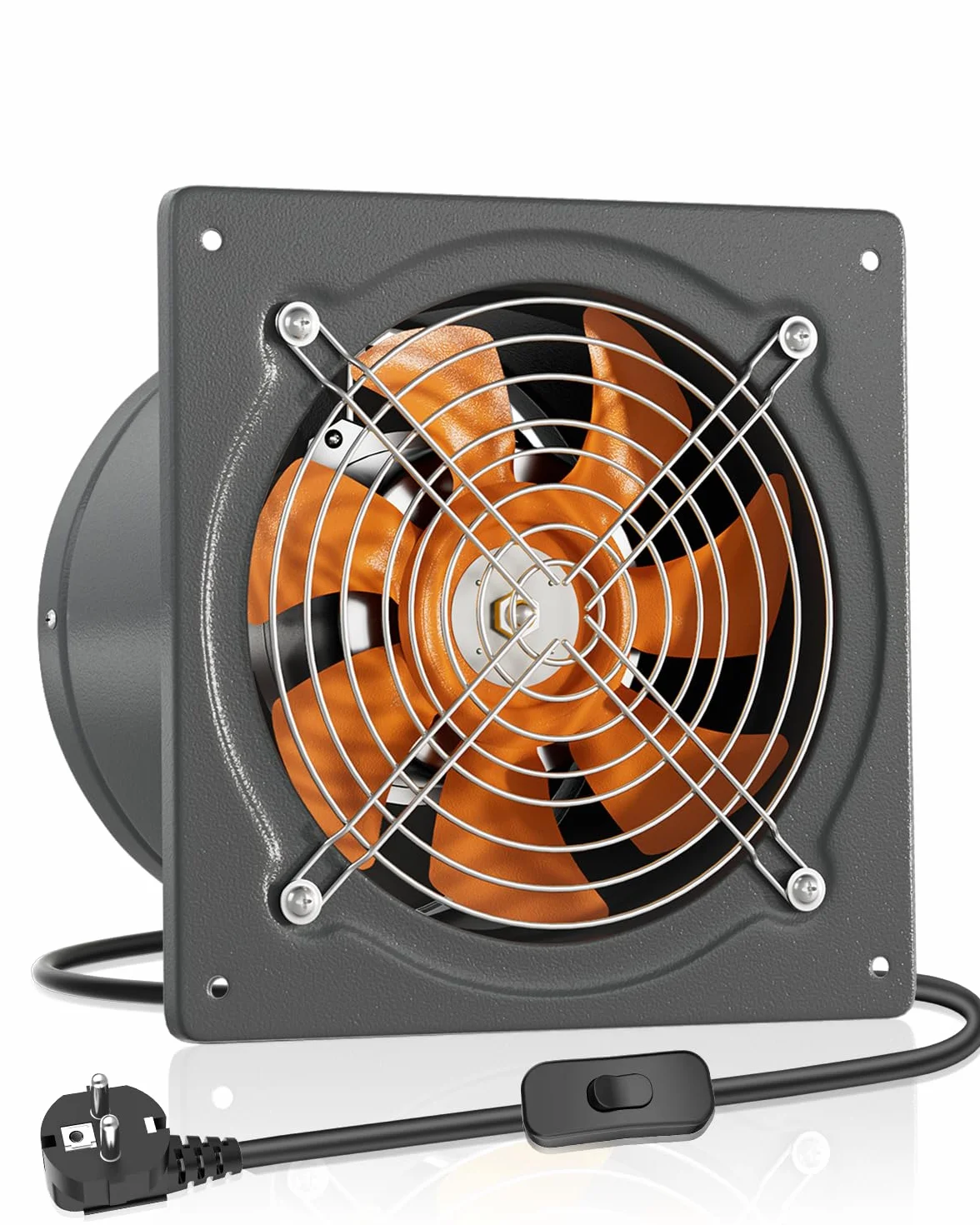 HG Power Ventilatore 200 mm 980 m³/h silenzioso con valvola di ritorno, potente ventilatore da parete con presa europea, per cucina, bagno, garage, cantina, grigio