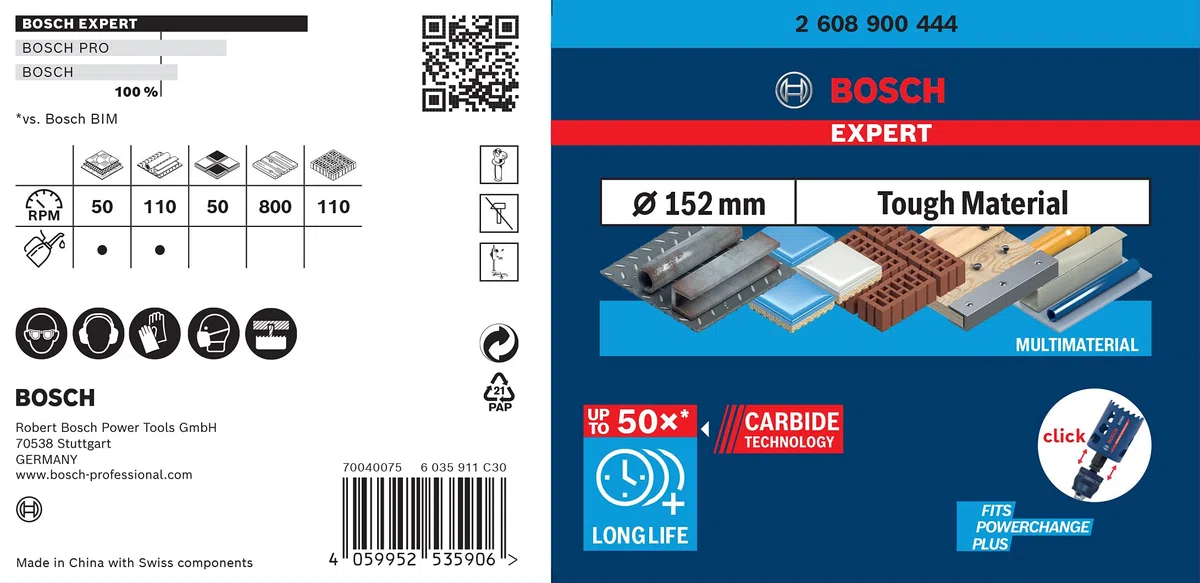 Bosch 1x Sega a tazza EXPERT Multi Material Power Change Plus (per Legno con metallo, Mattone, Ø 152 mm, Professional Accessorio Trapano)