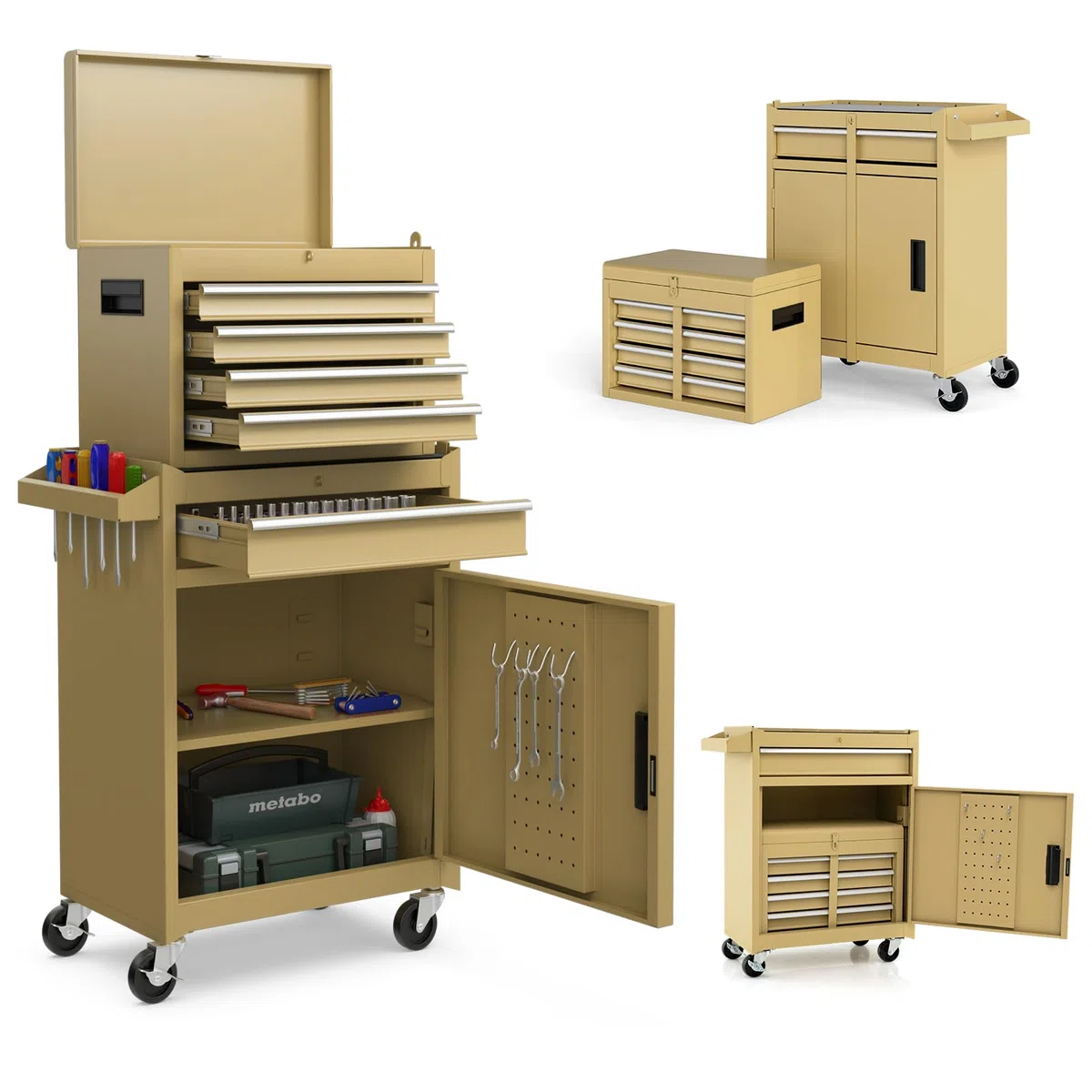 SOARS Carrello Porta Attrezzi con Ruote, 5 Scomparti, 2 Ripiani, Porta Attrezzi da Lavoro Rimovibile & Carrello Inferiore, Bloccabile, 59 X 28 X 102 CM, per Garage, Officina, Casa (Giallo)