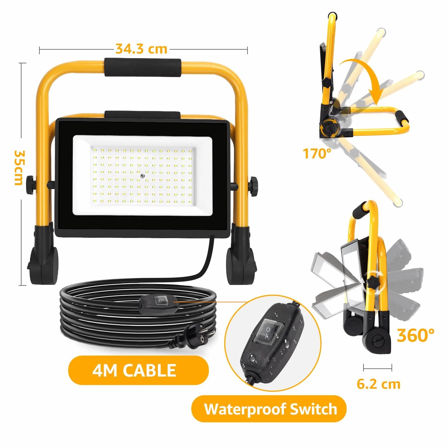 Aigostar Faretto LED da Cantiere 100W con Interruttore Impermeabile，2 Pezzi，9000 Lumen，4 Metri di Filo，Farò LED da Cantiere con Spina，Luce Bianca 6500K，Portatile，Ideale per cantiere edile， officina